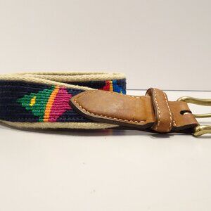 Orvis Men's Leather Needlepoint Western Belt Size 40 Vintage Fish Brass Buckle